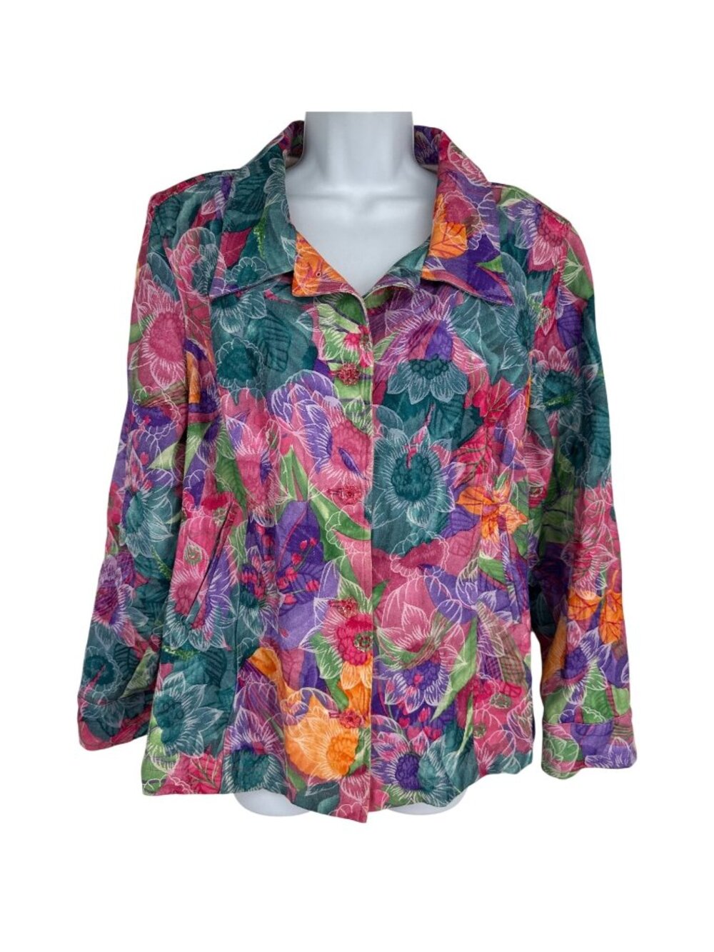 Susan Graver Button-Up Jacket With Pink Flower Buttons & Pockets Size 1X